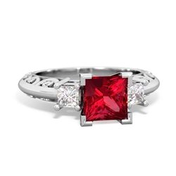 Lab Ruby Art Deco Diamond Engagement 6Mm Princess 14K White Gold ring R2001