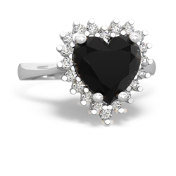 Onyx Sparkling Halo Heart 14K White Gold ring R0391