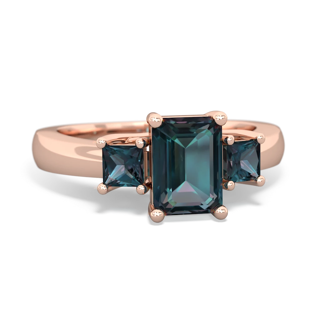 Lab Sapphire Three Stone Emerald-Cut Trellis 14K Rose Gold ring R4021