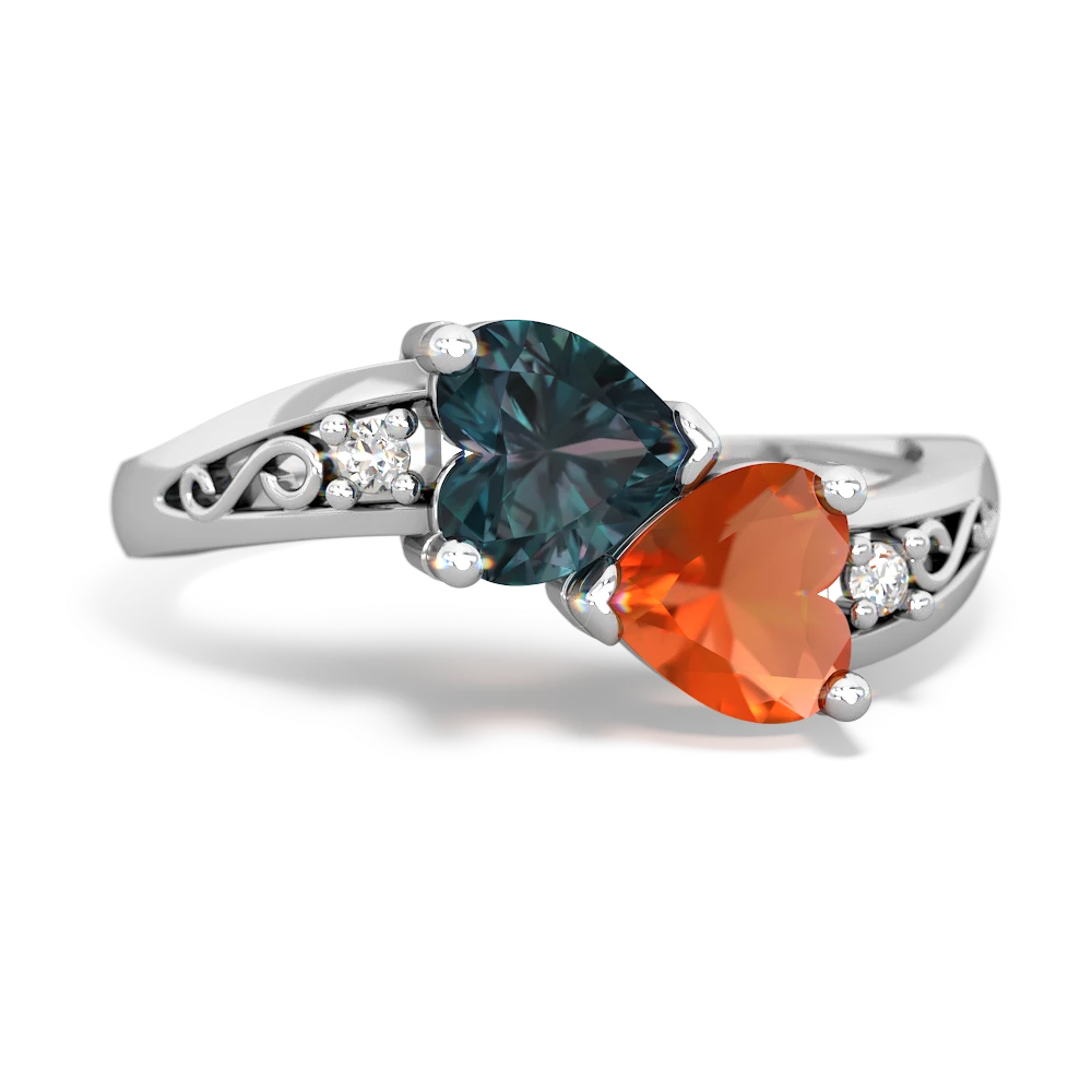 Lab Alexandrite And Fire Opal Snuggling Hearts Ring In 14K White Gold