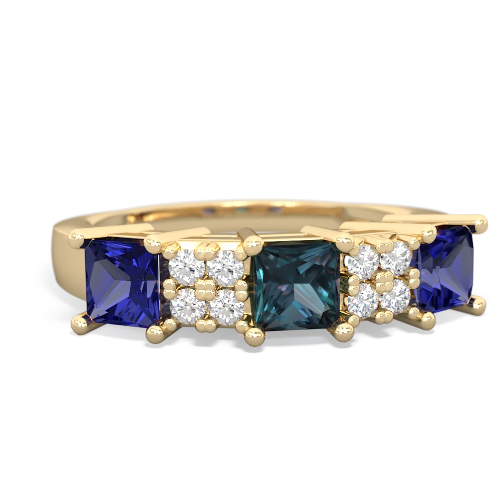 Alexandrite Three Stone Diamond Cluster 14K Yellow Gold ring R2592