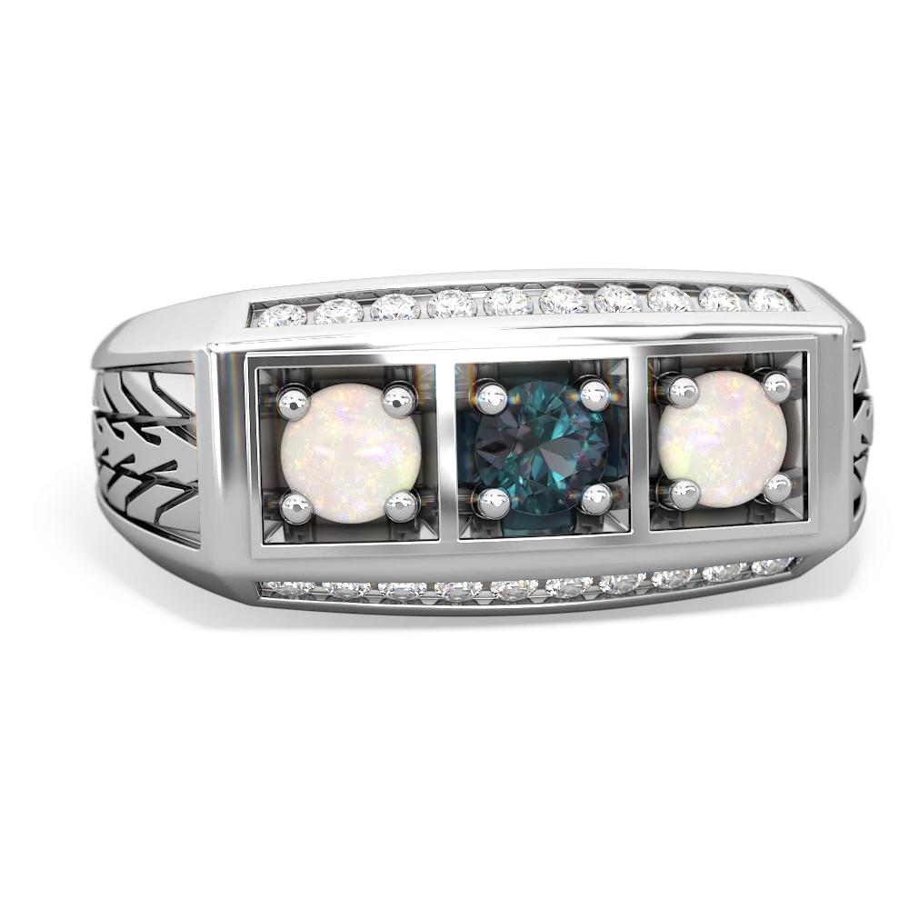 Alexandrite Three Stone Tire Tread Men's 14K White Gold ring R0520