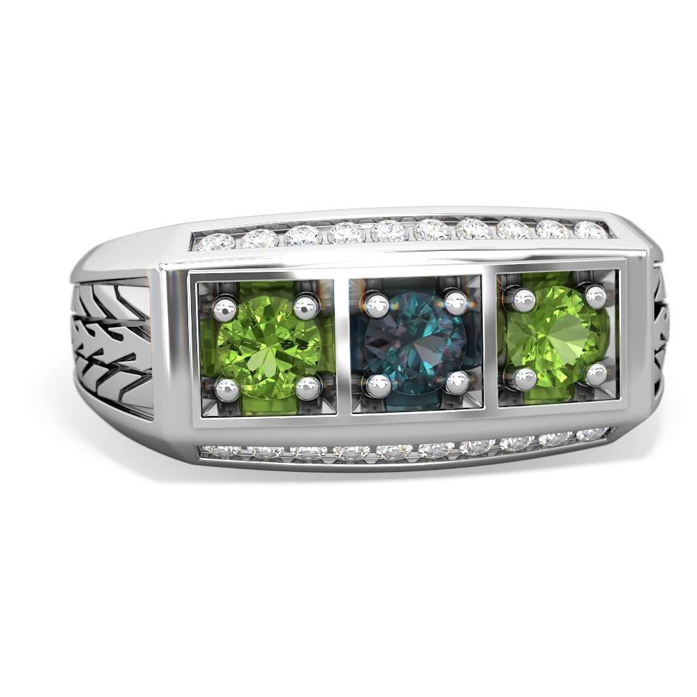 Alexandrite Three Stone Tire Tread Men's 14K White Gold ring R0520