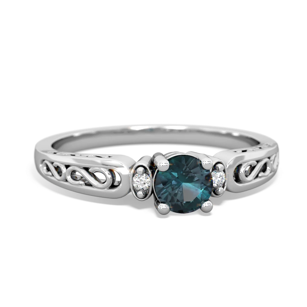 Alexandrite Filligree Scroll Round 14K White Gold ring R0829