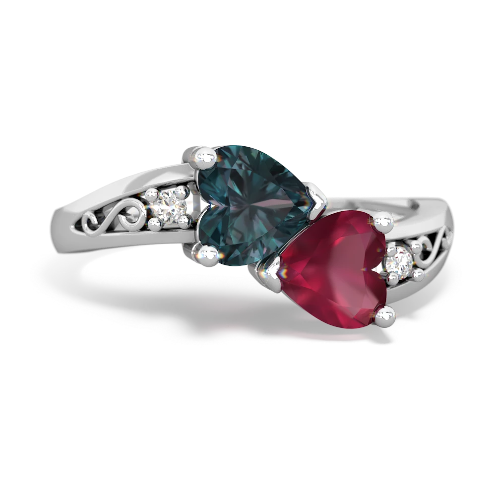 Alexandrite Snuggling Hearts 14K White Gold ring R2178