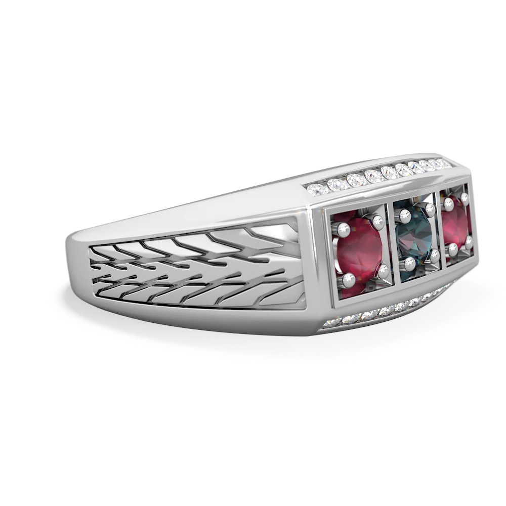 Alexandrite Three Stone Tire Tread Men's 14K White Gold ring R0520