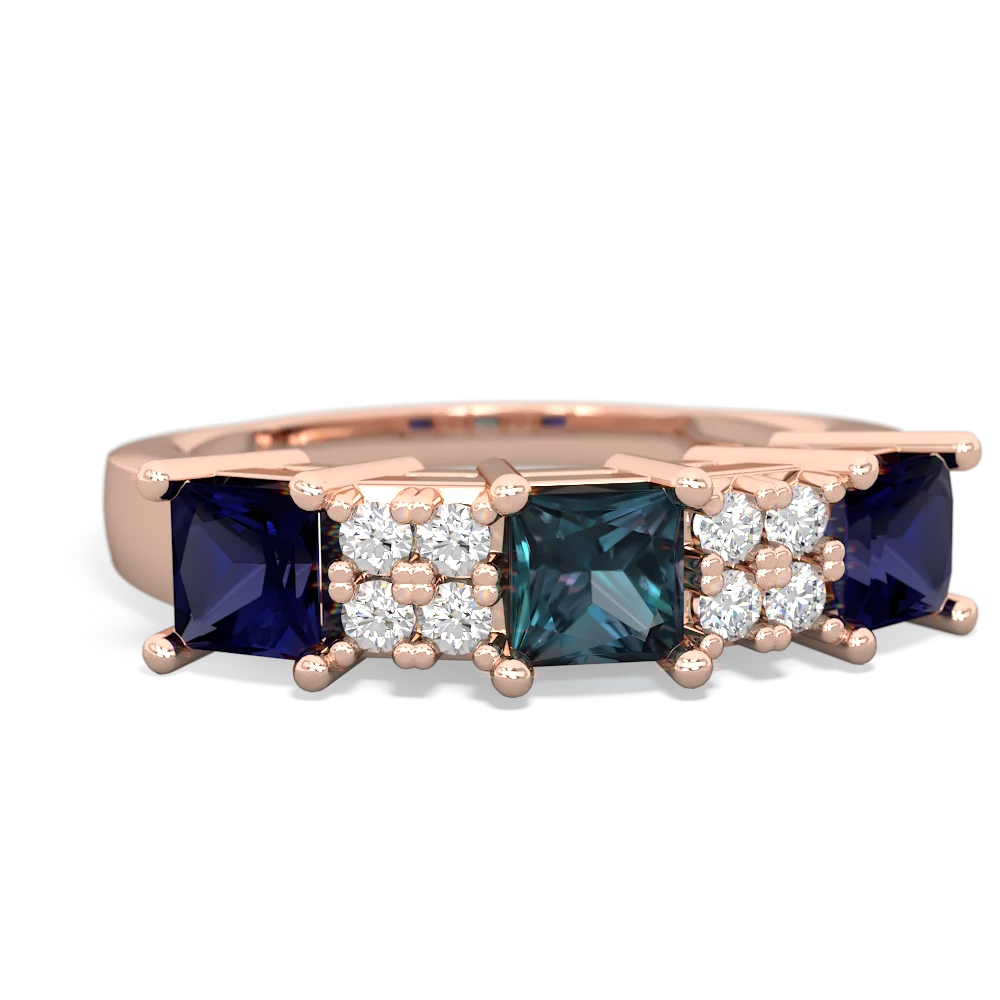 Alexandrite Three Stone Diamond Cluster 14K Rose Gold ring R2592