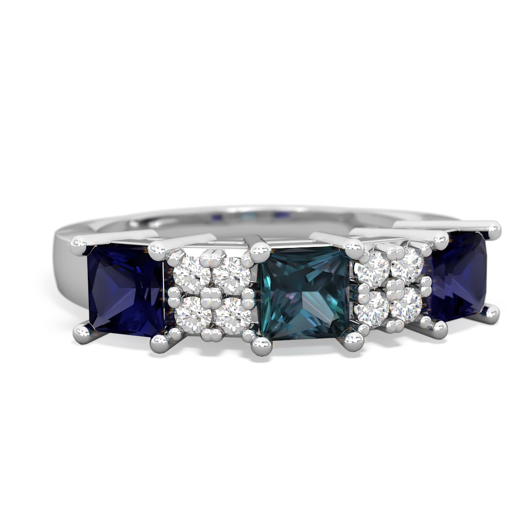 Alexandrite Three Stone Diamond Cluster 14K White Gold ring R2592