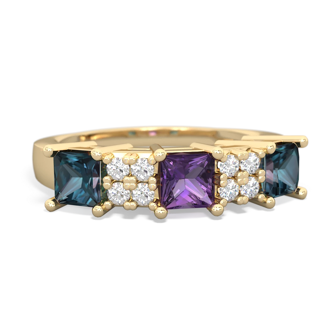 Amethyst Three Stone Diamond Cluster 14K Yellow Gold ring R2592