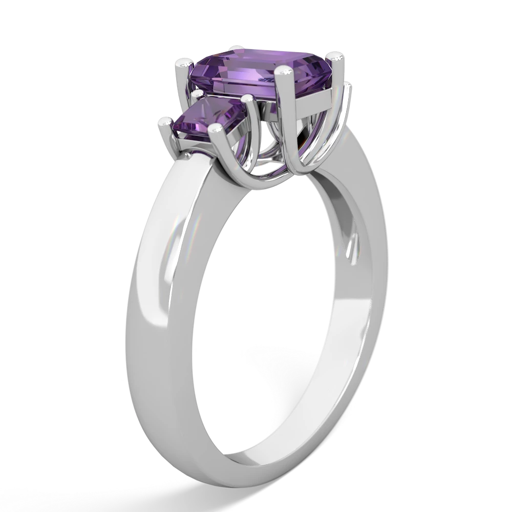 Lab Sapphire Three Stone Emerald-Cut Trellis 14K White Gold ring R4021