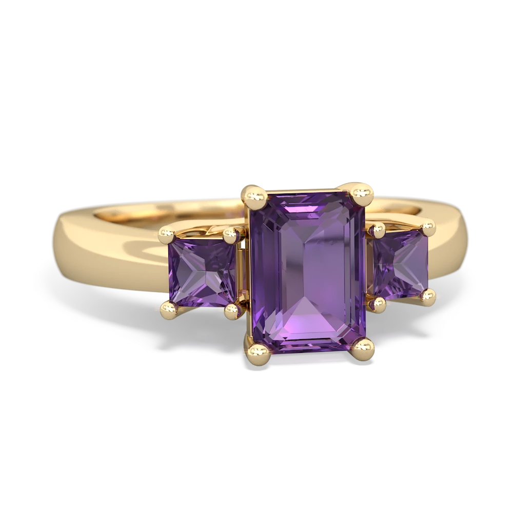 Lab Pink Sapphire Three Stone Emerald-Cut Trellis 14K Yellow Gold ring R4021