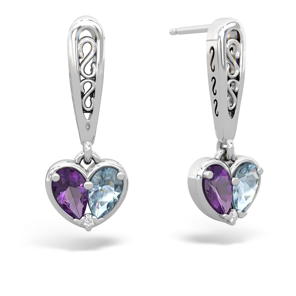 Amethyst Filligree Heart 14K White Gold earrings E5070