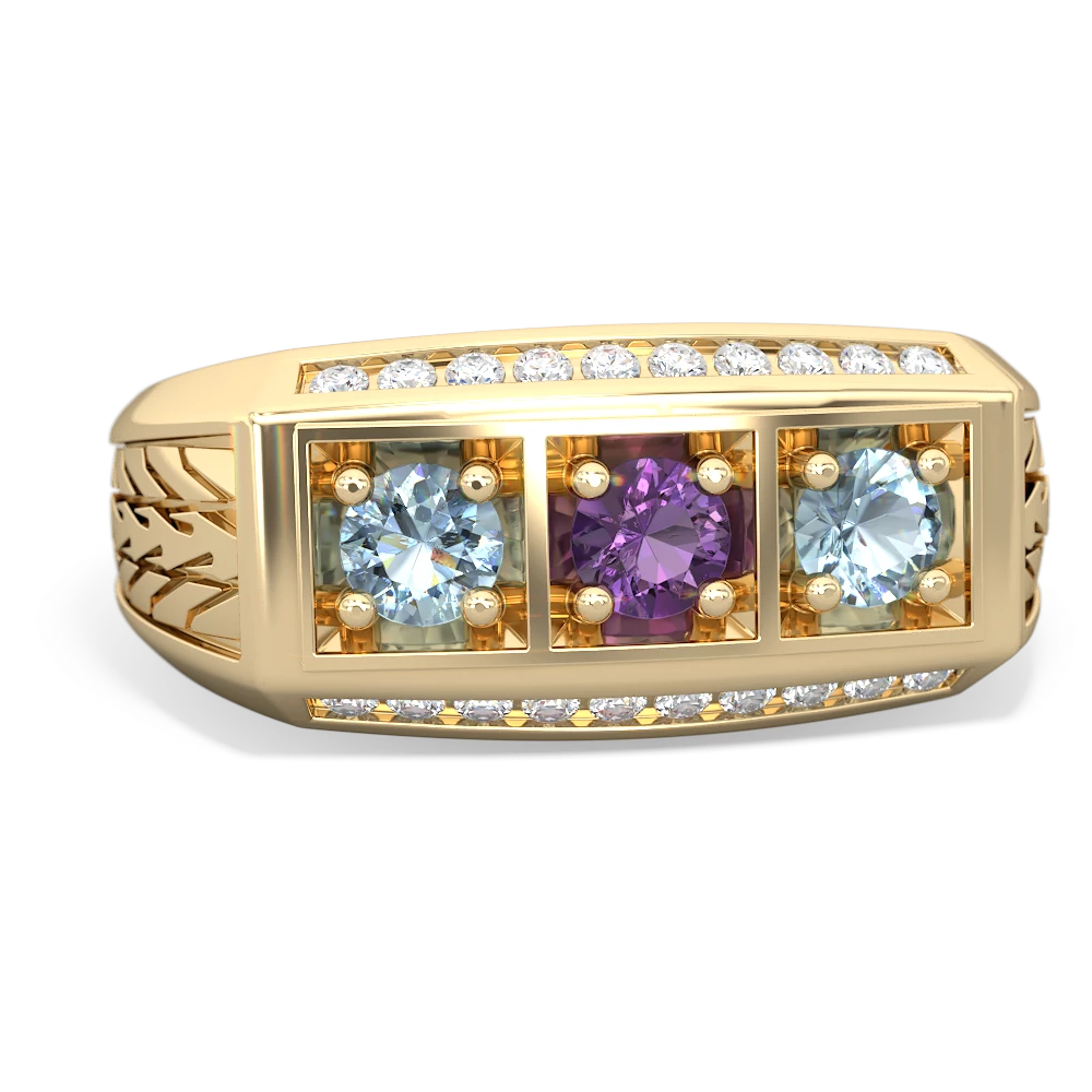 Amethyst Three Stone Tire Tread Men's 14K Yellow Gold ring R0520