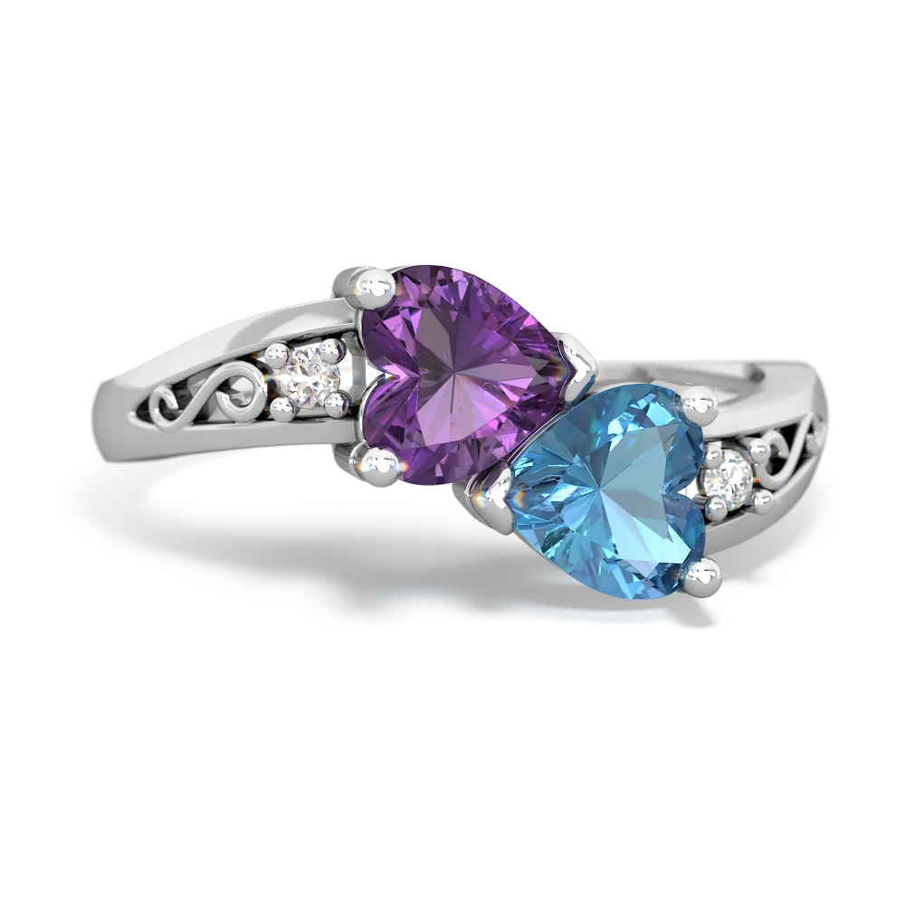 Amethyst Snuggling Hearts 14K White Gold ring R2178