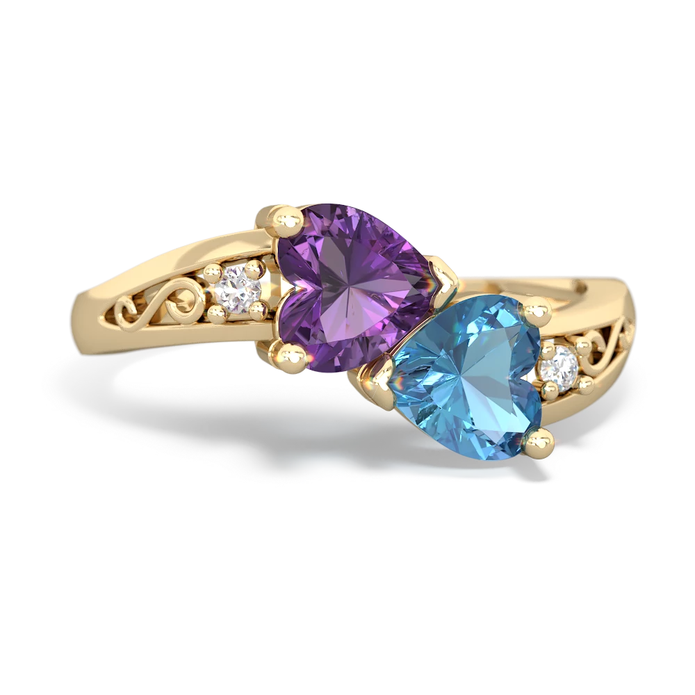 Amethyst Snuggling Hearts 14K Yellow Gold ring R2178