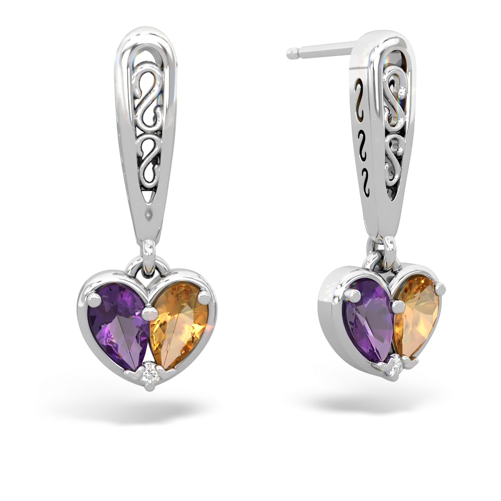 Amethyst Filligree Heart 14K White Gold earrings E5070