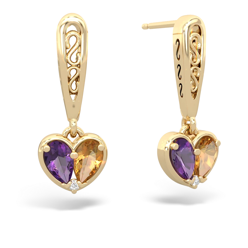 Amethyst Filligree Heart 14K Yellow Gold earrings E5070