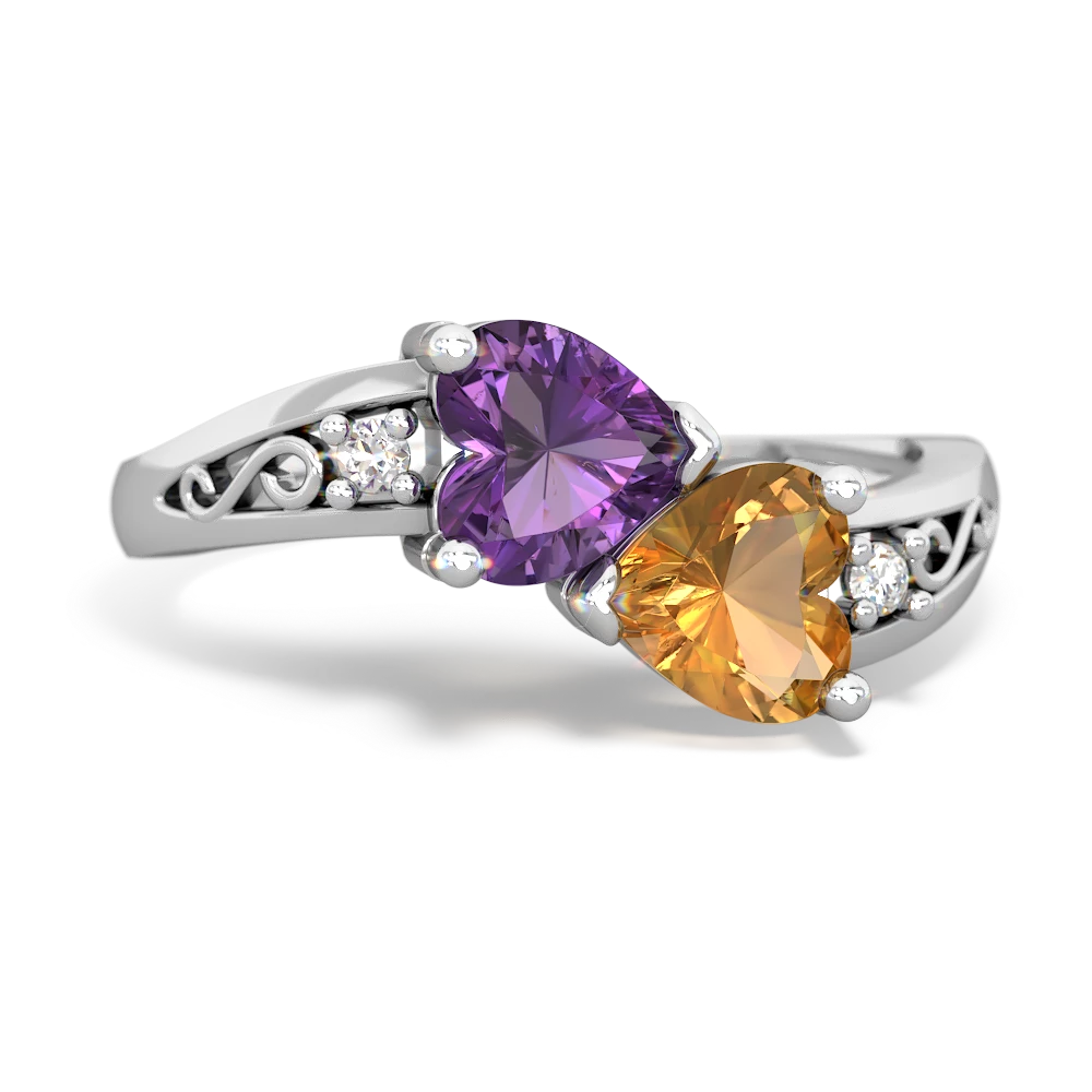 Amethyst Snuggling Hearts 14K White Gold ring R2178