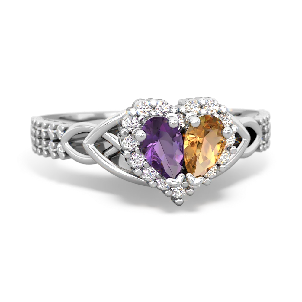 Amethyst Celtic Knot Two Hearts As One 14K White Gold ring R2644HRT