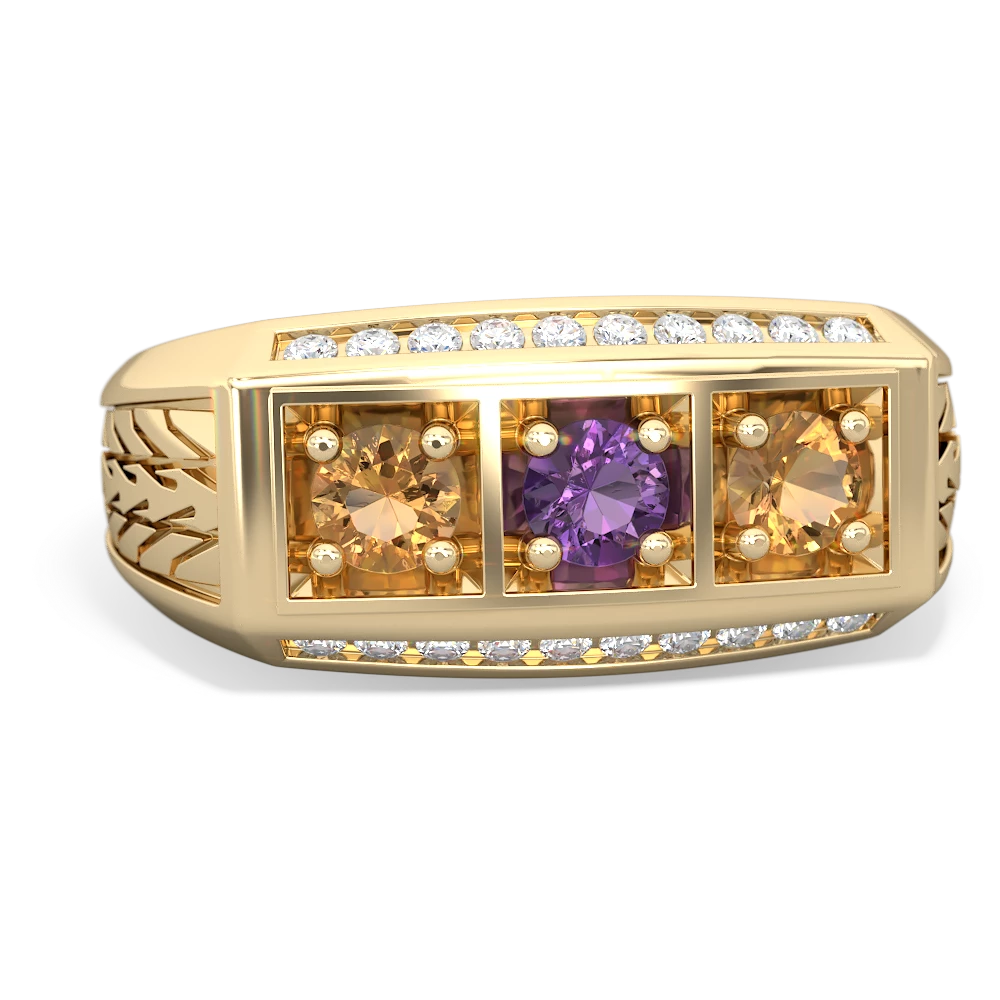 Amethyst Three Stone Tire Tread Men's 14K Yellow Gold ring R0520