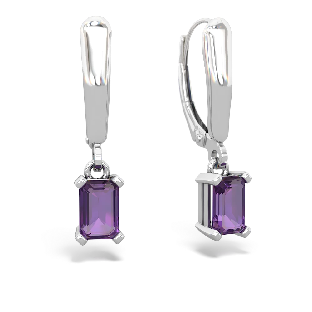 Amethyst 6X4mm Emerald-Cut Lever Back 14K White Gold earrings E2855