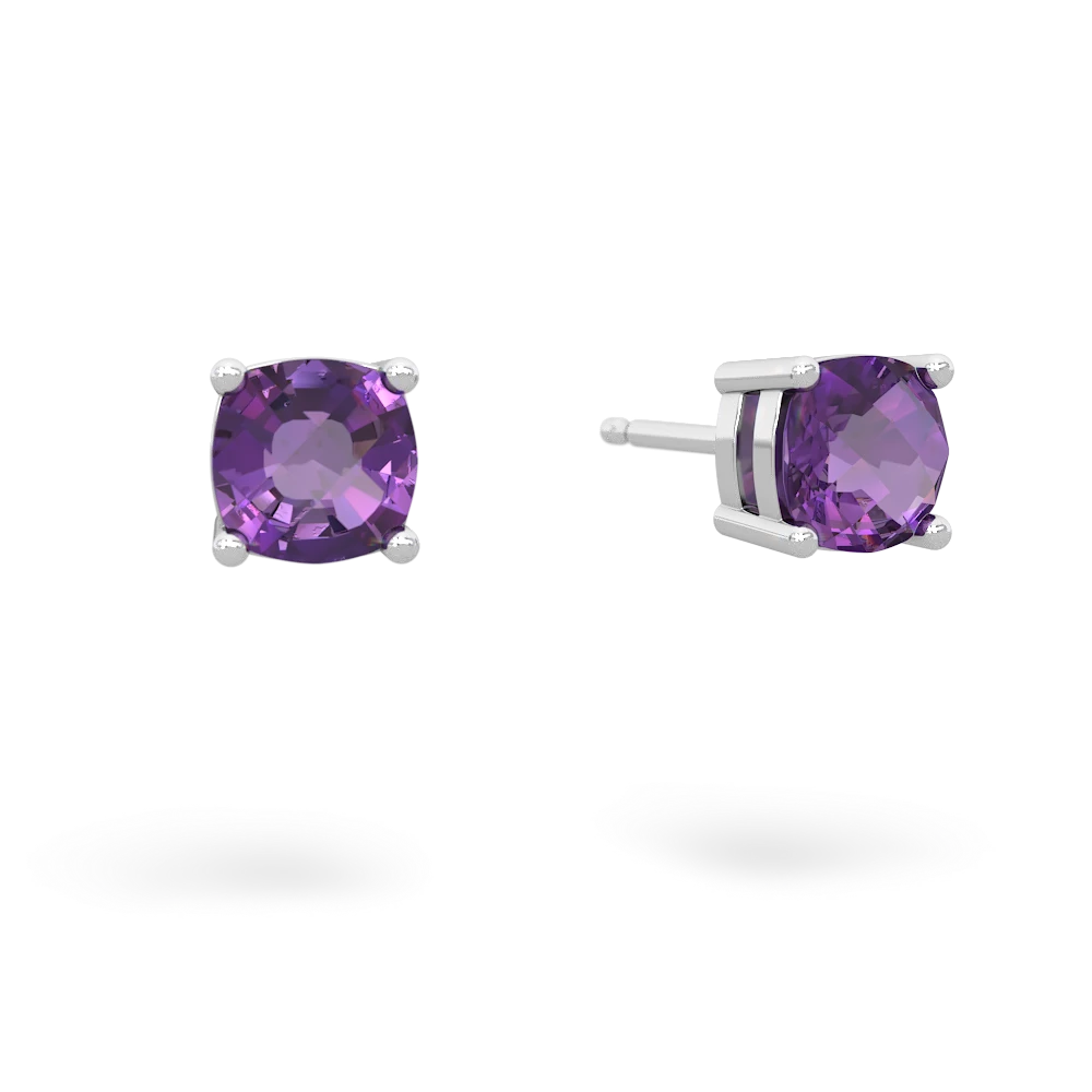 Amethyst 5Mm Checkerboard Cushion Stud 14K White Gold earrings E1795