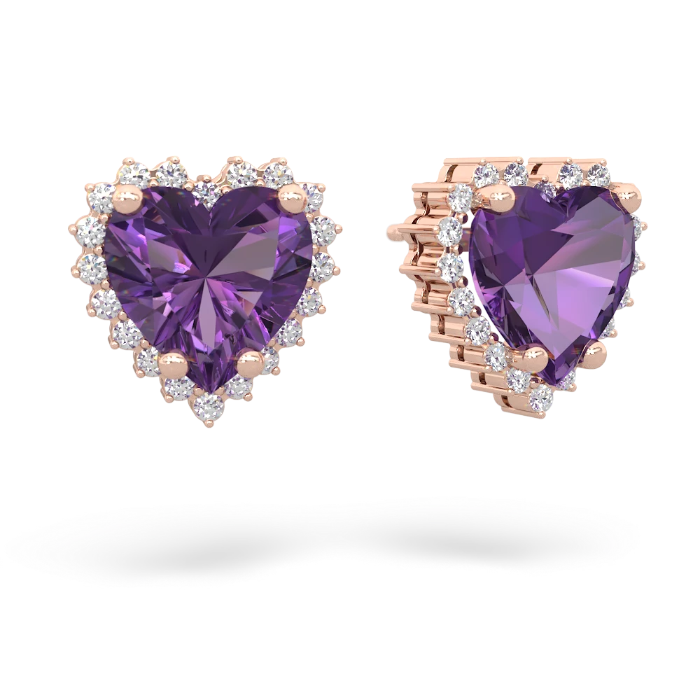 Amethyst Sparkling Halo Heart 14K Rose Gold earrings E0391