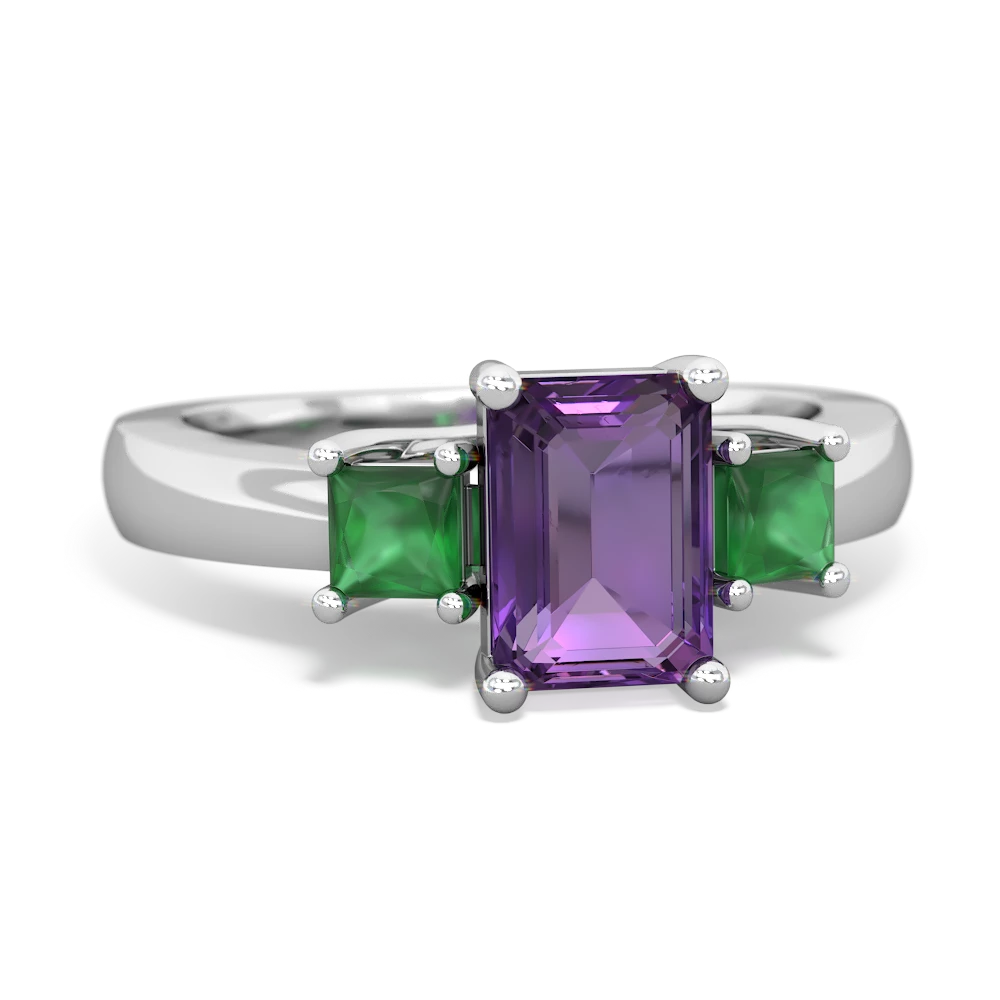 Amethyst Three Stone Emerald-Cut Trellis 14K White Gold ring R4021