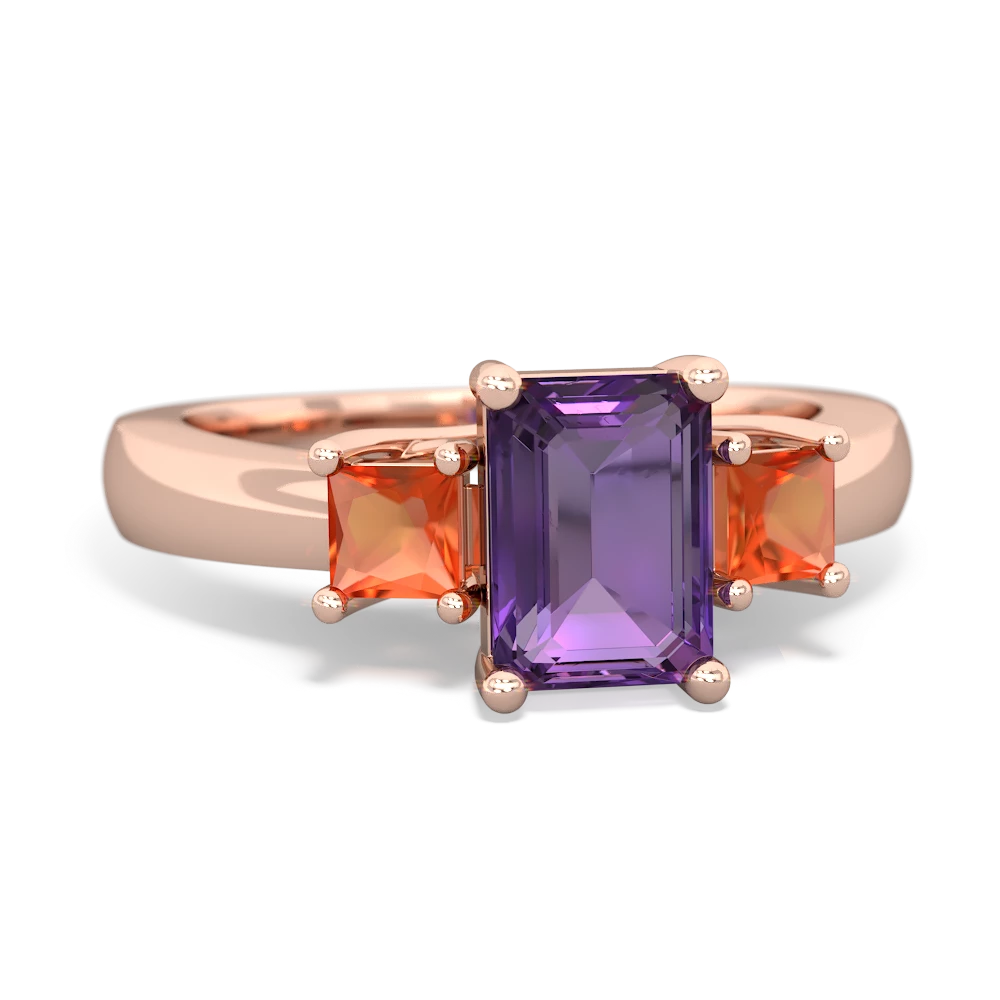 Amethyst Three Stone Emerald-Cut Trellis 14K Rose Gold ring R4021