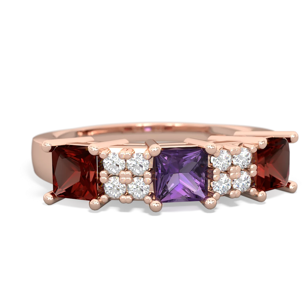 Amethyst Three Stone Diamond Cluster 14K Rose Gold ring R2592