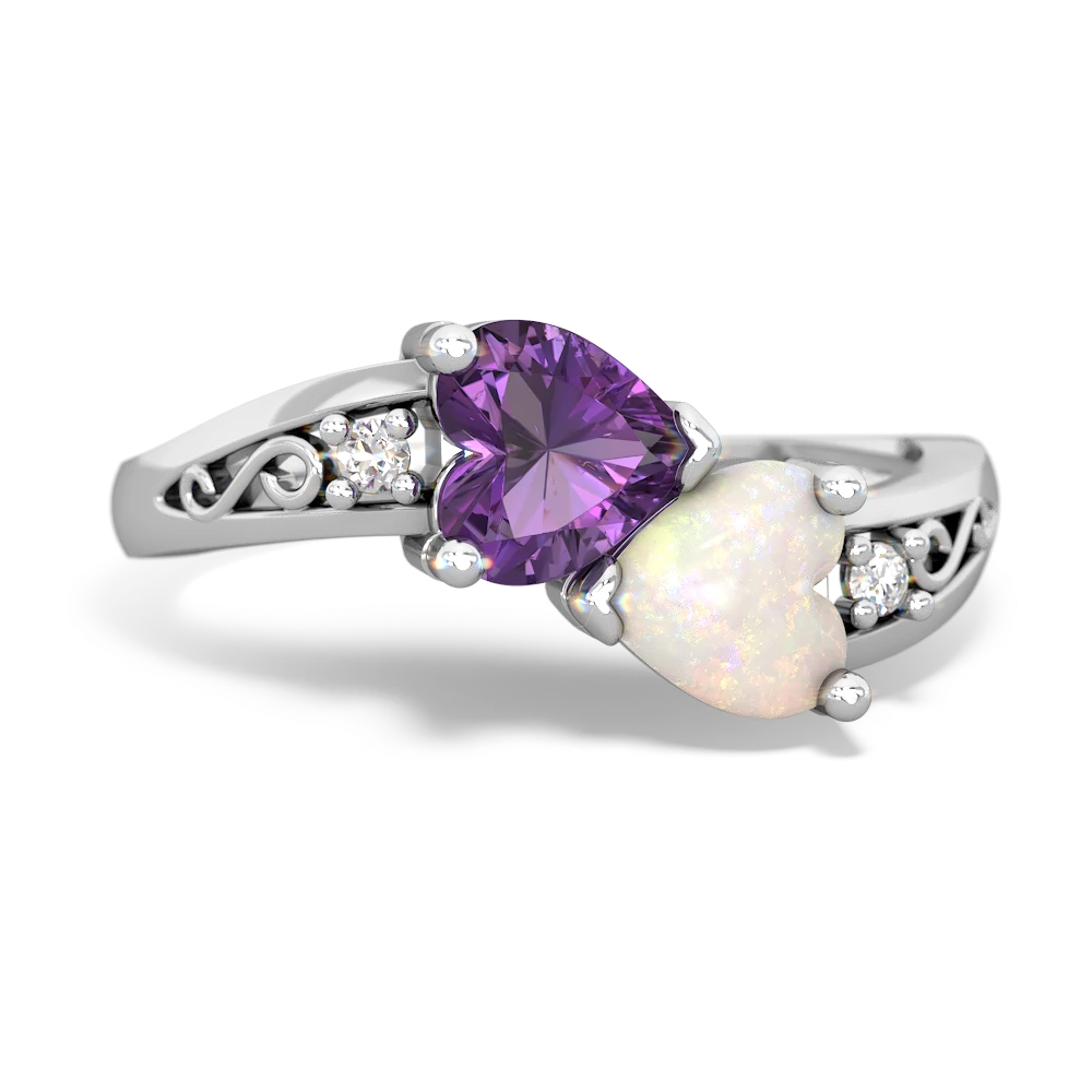 Amethyst Snuggling Hearts 14K White Gold ring R2178