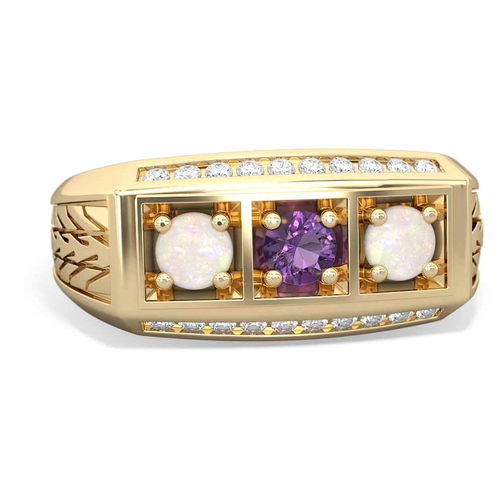 Amethyst Three Stone Tire Tread Men's 14K Yellow Gold ring R0520