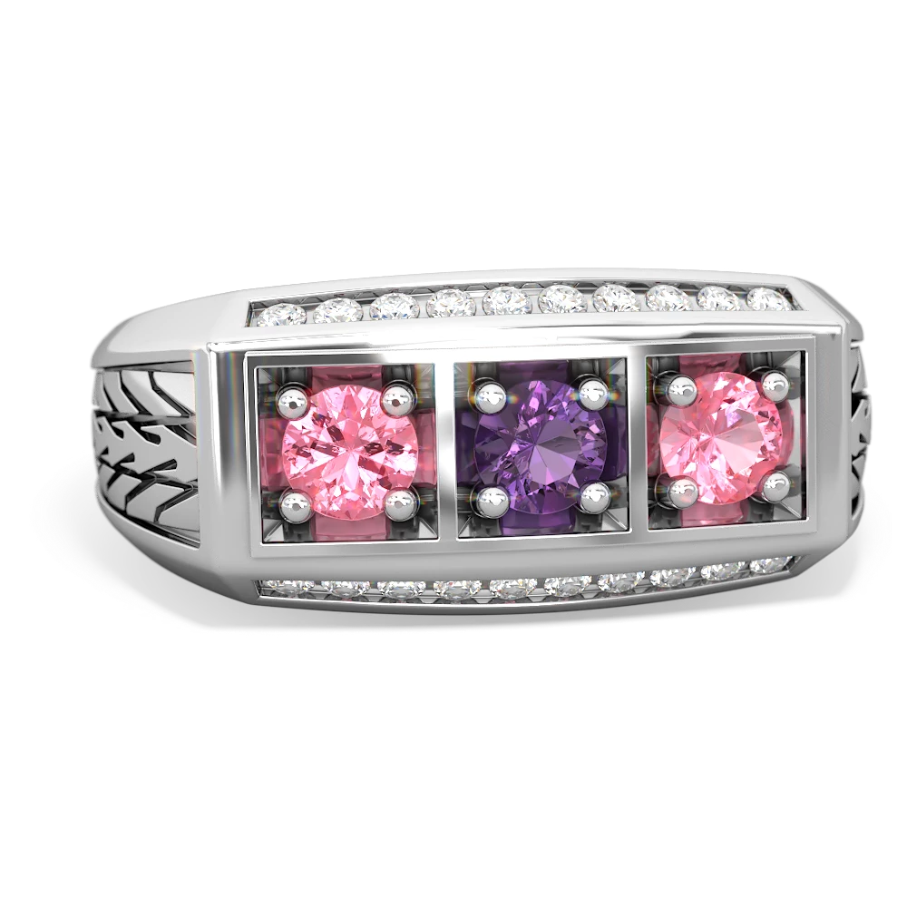 Amethyst Three Stone Tire Tread Men's 14K White Gold ring R0520