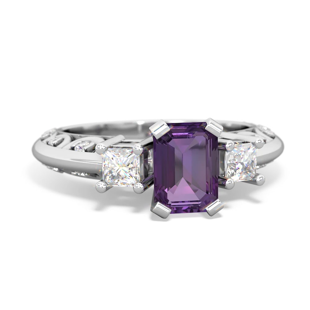 Amethyst Art Deco Diamond 7X5 Emerald-Cut Engagement 14K White Gold ring R20017EM