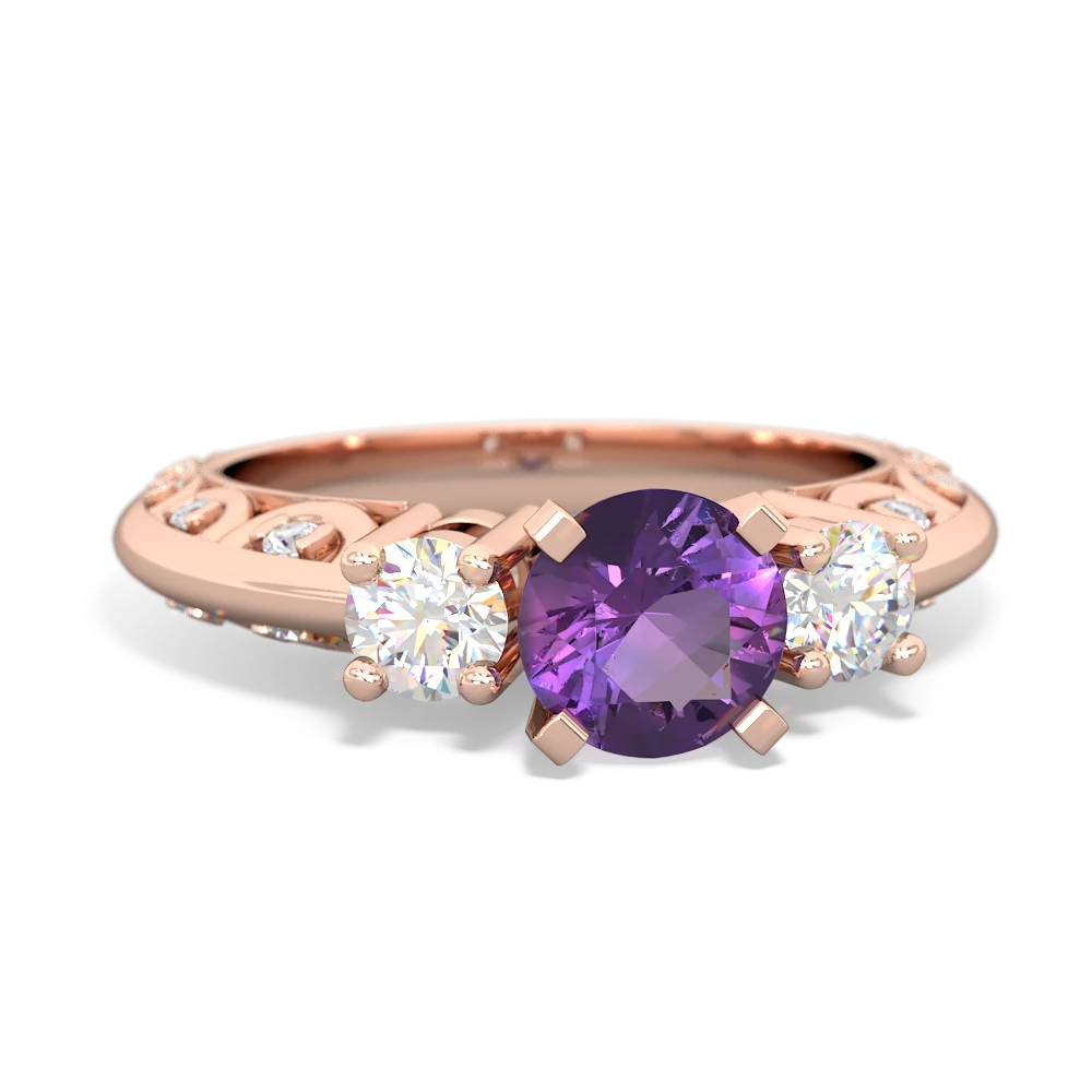 Amethyst Art Deco Diamond 6Mm Round Engagment 14K Rose Gold ring R2003