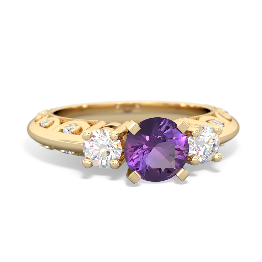 Amethyst Art Deco Diamond 6Mm Round Engagment 14K Yellow Gold ring R2003