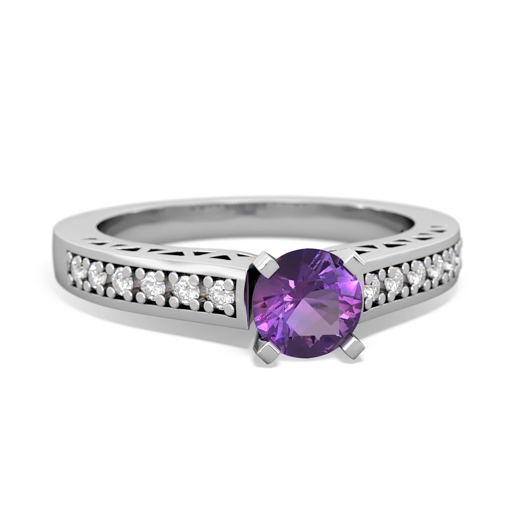 Amethyst Art Deco Engagement 5Mm Round 14K White Gold ring R26355RD