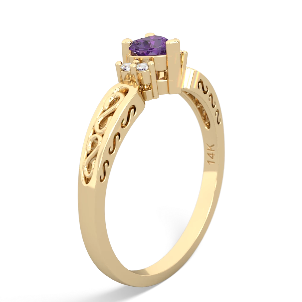 Amethyst Filligree Scroll Heart 14K Yellow Gold ring R2429