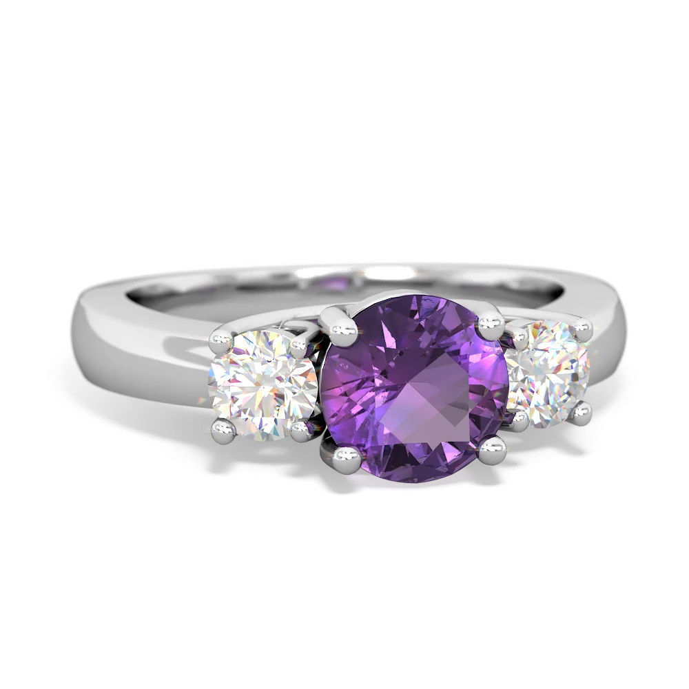 Amethyst Diamond Three Stone Round Trellis 14K White Gold ring R4018