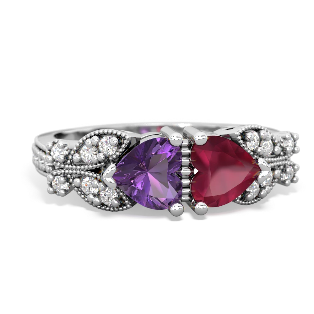 Amethyst Diamond Butterflies 14K White Gold ring R5601