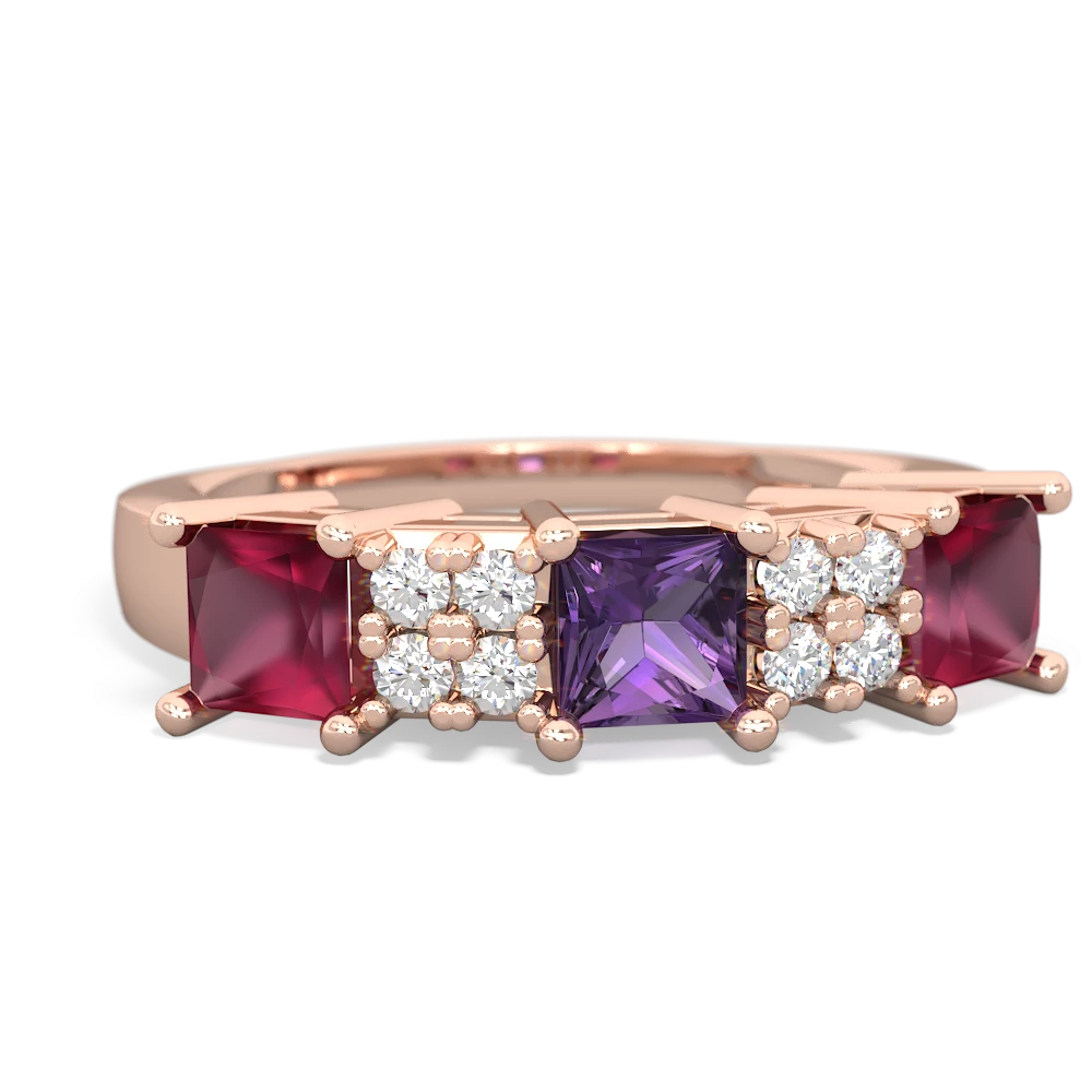 Amethyst Three Stone Diamond Cluster 14K Rose Gold ring R2592