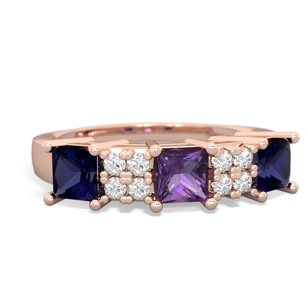 Amethyst Three Stone Diamond Cluster 14K Rose Gold ring R2592