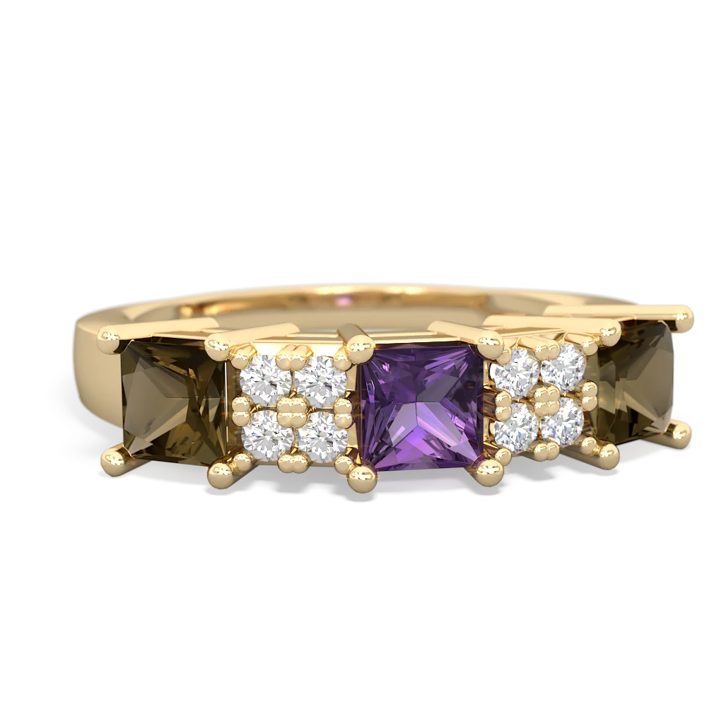 Amethyst Three Stone Diamond Cluster 14K Yellow Gold ring R2592