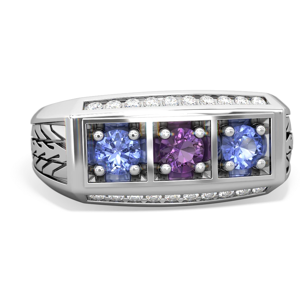 Amethyst Three Stone Tire Tread Men's 14K White Gold ring R0520