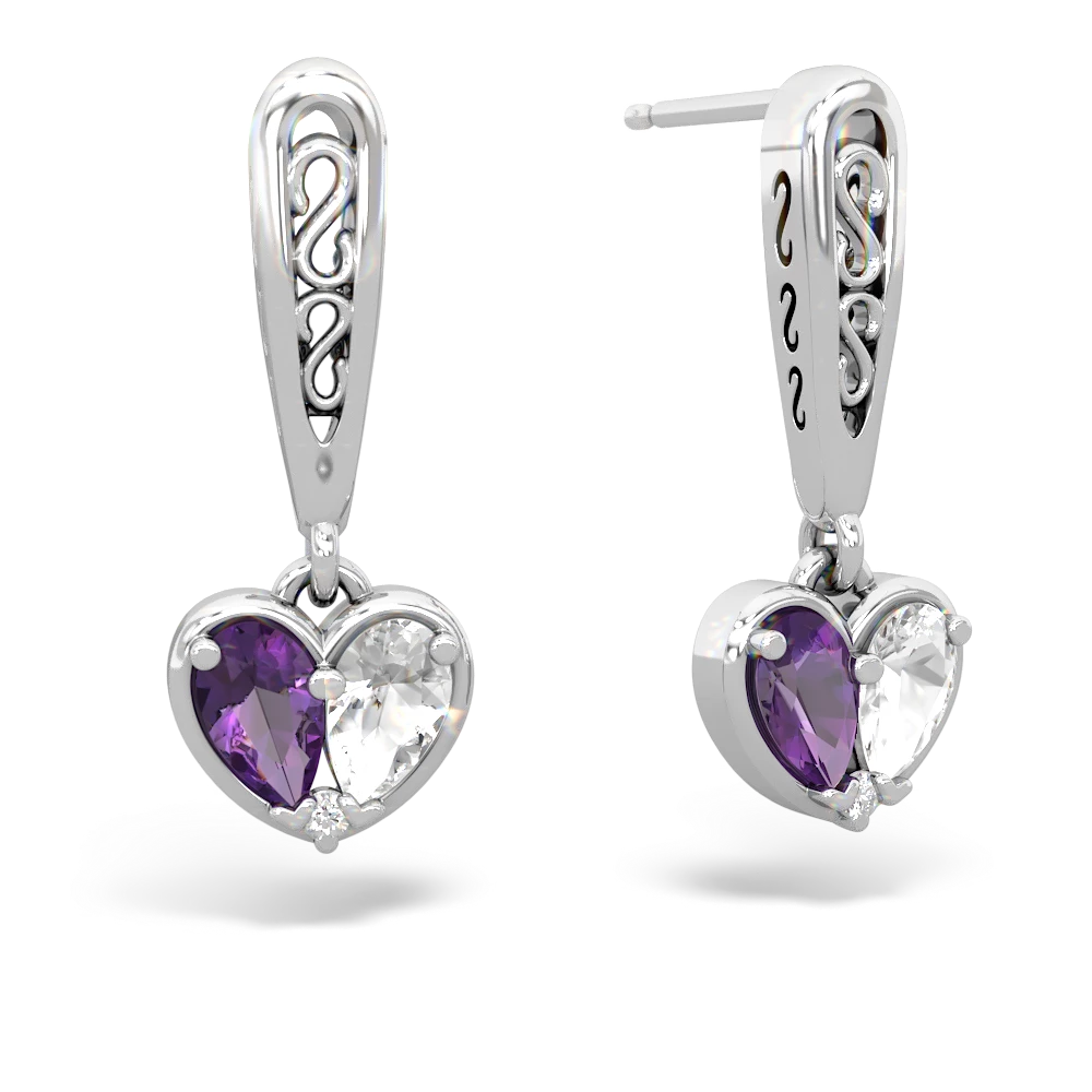 Amethyst Filligree Heart 14K White Gold earrings E5070