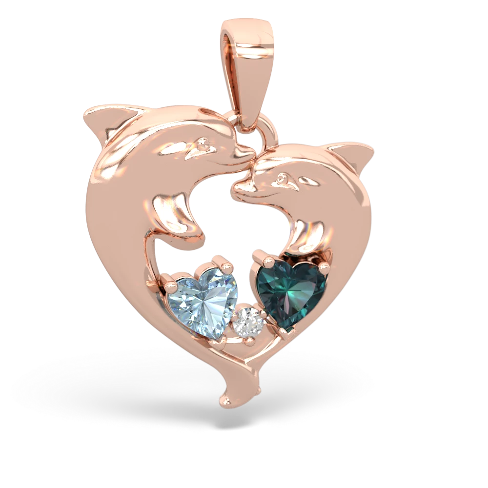 Aquamarine Dolphin Heart 14K Rose Gold pendant P5820