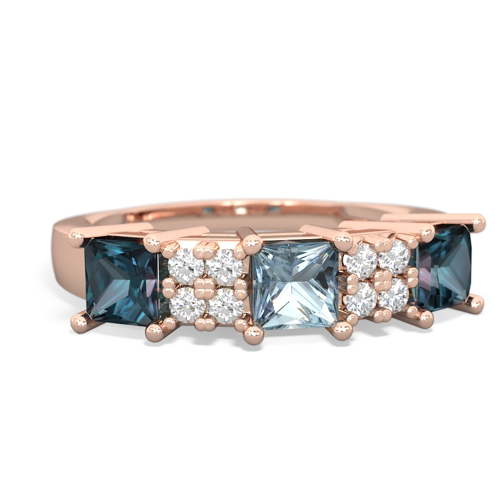 Aquamarine Three Stone Diamond Cluster 14K Rose Gold ring R2592