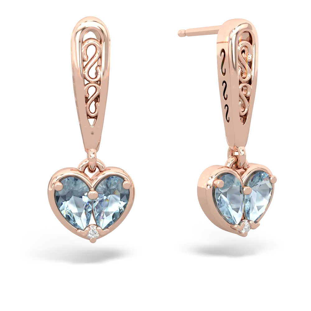 Aquamarine Filligree Heart 14K Rose Gold earrings E5070