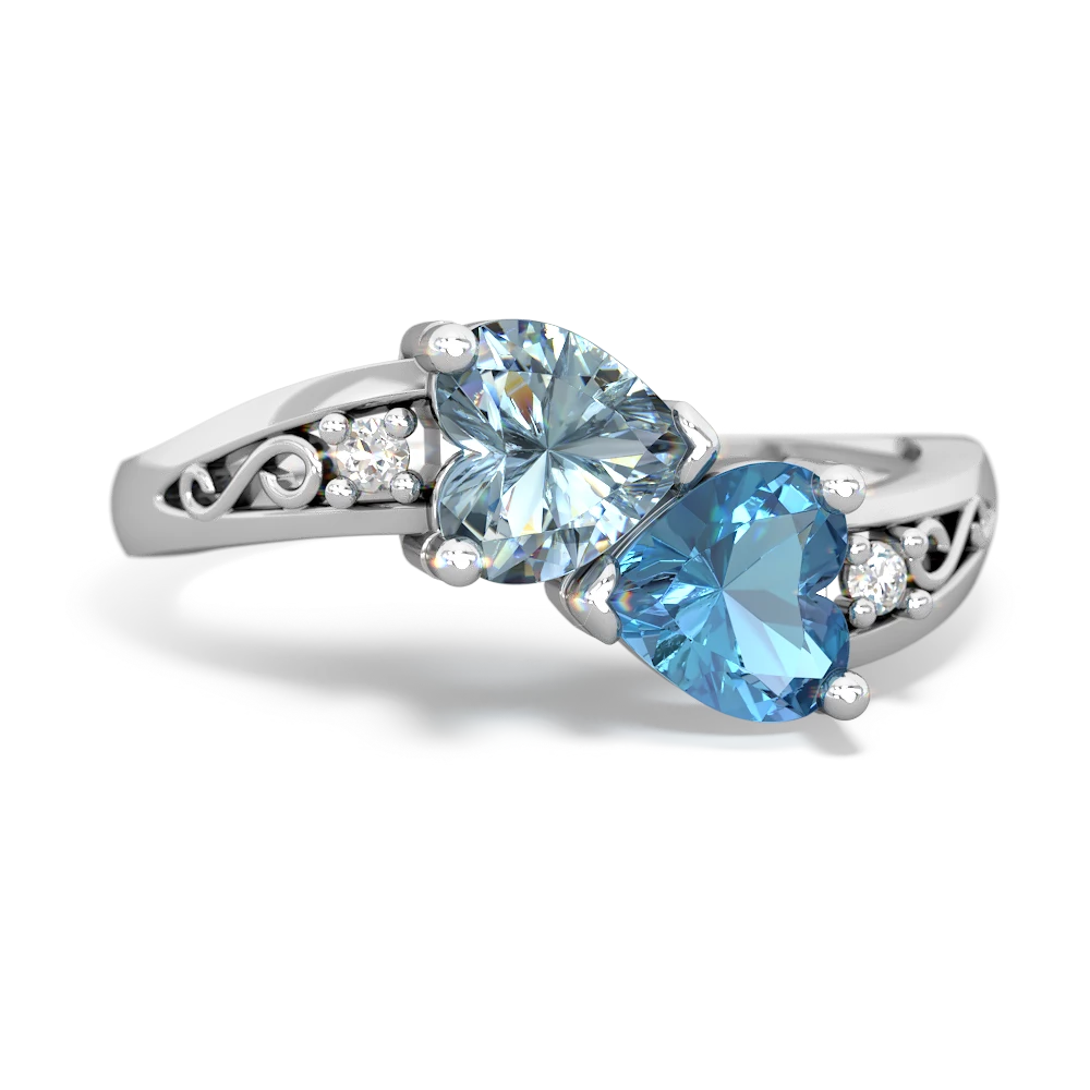 Aquamarine Snuggling Hearts 14K White Gold ring R2178