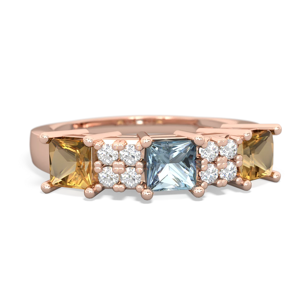 Aquamarine Three Stone Diamond Cluster 14K Rose Gold ring R2592